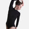 Front worn view of Mara Dancewear Aura Long Sleeve in Total Black with a high neck, long sleeves and front zip.