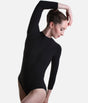 Front worn view of Mara Dancewear Aura Long Sleeve in Total Black with a high neck, long sleeves and front zip.