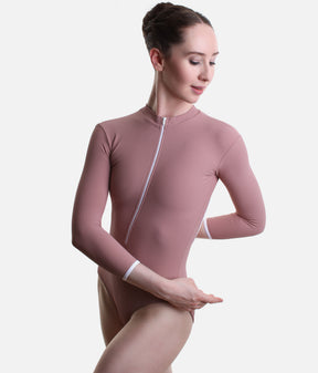 Mara Dancewear Aura Long Sleeve Dusty Rose ballet leotard, front view with ribbed fabric, white zip and cuff trim.