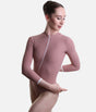Mara Dancewear Aura Long Sleeve Dusty Rose ballet leotard, front view with ribbed fabric, white zip and cuff trim.