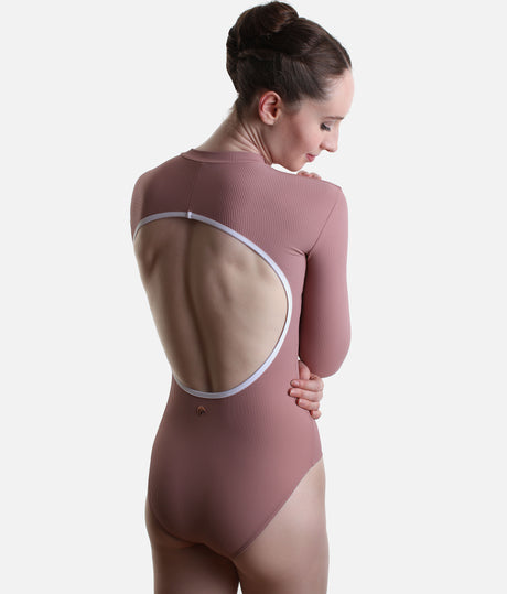 Dancer wearing Mara Dancewear Aura Long Sleeve in Dusty Rose, showing the large rounded open back outlined in white.