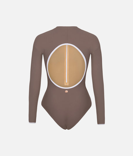Back of Mara Dancewear Aura Long Sleeve Deep Brown leotard, with white-trimmed cut-out and front lining visible through it.