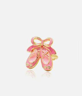 Girl Nation Twinkle Toes ring with pink ballet shoes, a bow, gold-tone outlines and four sparkling accents