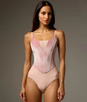 Front of Bodile Bella Bon Bon pink leotard with rose velvet corset-style panels, a pale mesh V insert and fine camisole straps.