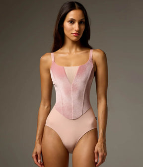 Front of Bodile Bella Bon Bon pink leotard with rose velvet corset-style panels, a pale mesh V insert and fine camisole straps.