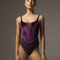 Front of Bodile Bella Fig leotard with violet-plum velvet corset-style panels, a smoky mesh V insert and black camisole straps.