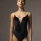 Front of Bodile Bella Noire Nougat leotard with black velvet corset-style panels, a nougat mesh V insert and fine camisole straps.