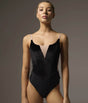 Front of Bodile Bella Noire Nougat leotard with black velvet corset-style panels, a nougat mesh V insert and fine camisole straps.
