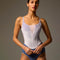 Front of Bodile Bella Stardust Mistral Marshmallow leotard with lilac velvet panels, a blue lower body and a pale blush mesh V insert.