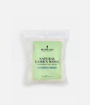 Bunheads Natural Lamb’s Wool in a resealable pouch with a green label showing the 28.3 g pack weight