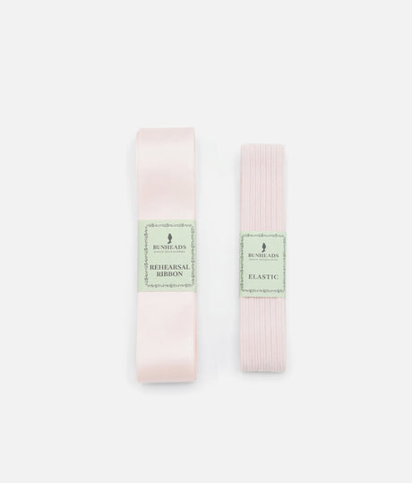 Bunheads rehearsal satin ribbon and elastic in Light Professional Pink, packaged side by side