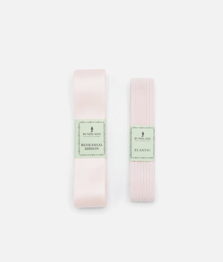 Bunheads rehearsal satin ribbon and elastic in Light Professional Pink, packaged side by side
