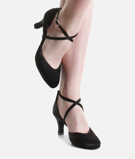 Social Ballroom Dance Shoes, Black Satin Closed-Toe Heels with Suede Sole - BL126