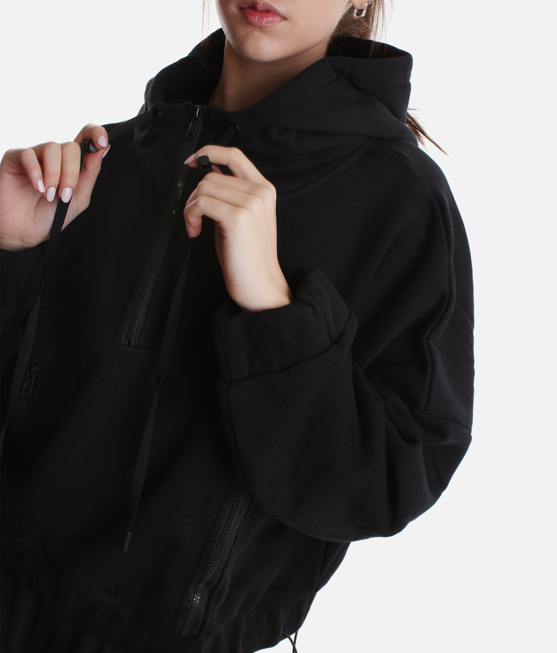 Oversized Half Zip Hoodie in Black – Cozy Hood & Customizable Hem