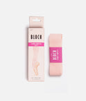 BLOCH A0529 Sheer Stretch Ribbon packaging beside folded sheer pink pointe shoe ribbon.