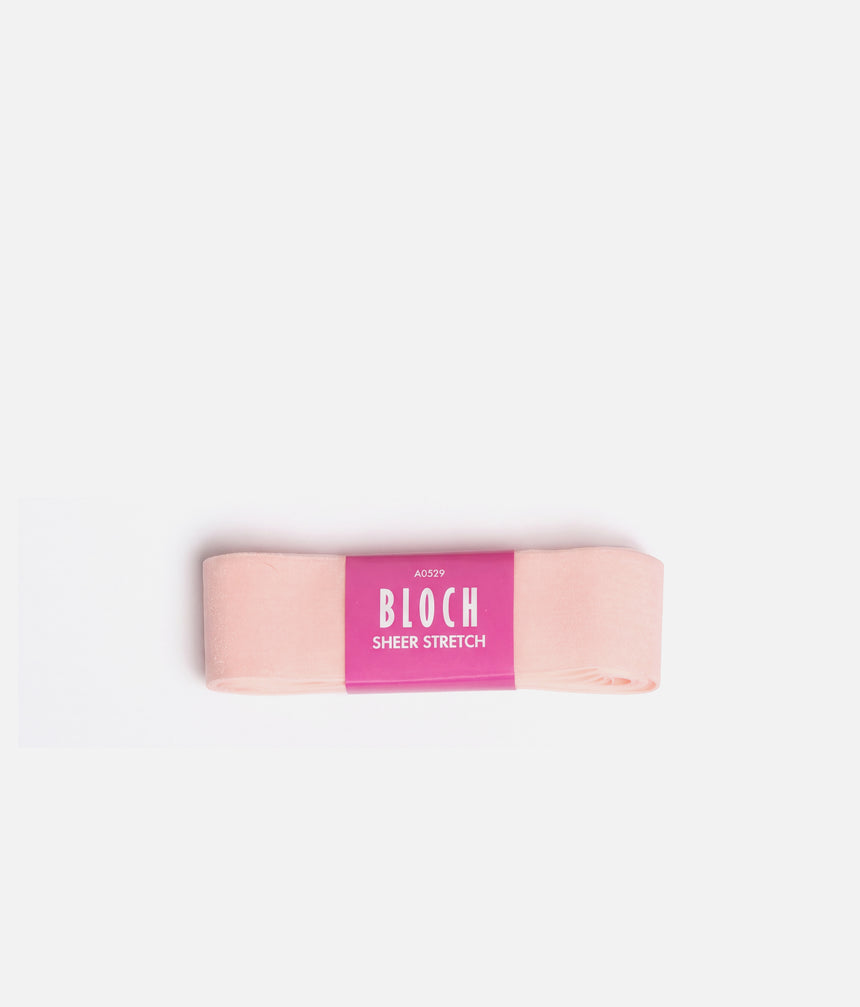 Folded BLOCH A0529 Sheer Stretch pointe shoe ribbon in pale pink with a magenta branded band.