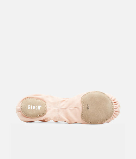 Sole view of a Bloch Performa S0284 pink ballet shoe showing suede forefoot and heel pads with Bloch branding