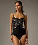 Front of Bodile Ophelia Leopard ballet leotard, showing the velvet bodice, pinched neckline, mesh trim and black body.