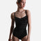 Bodile Ophelia Black Dahlia ballet leotard with floral flocked velvet bodice, black camisole straps and smooth black body.