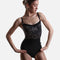 Bodile Ophelia Leopard ballet leotard with leopard-print velvet bodice, black camisole straps and smooth black body.