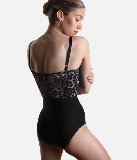 Back view of Bodile Ophelia Leopard ballet leotard, showing adjustable straps, curved velvet back and black body.