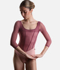 Bodile Sofia Mexican Rose ballet leotard with rose mesh sleeves, corset-style seams and a contrasting blush pink lower body.