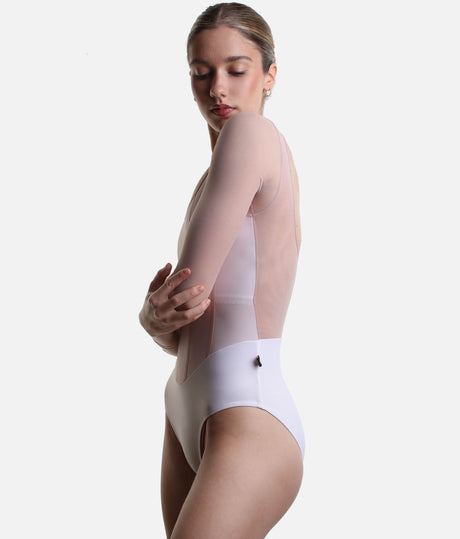 Side view of Bodile Sofia Frost Nougat ballet leotard, showing the sheer blush sleeve and low scoop back.