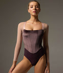 Front of Bodile Valentina Nougat Mink leotard with mink-toned velvet corset panels, sheer beige sleeves and a square neckline.