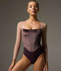 Front of Bodile Valentina Nougat Mink leotard with mink-toned velvet corset panels, sheer beige sleeves and a square neckline.