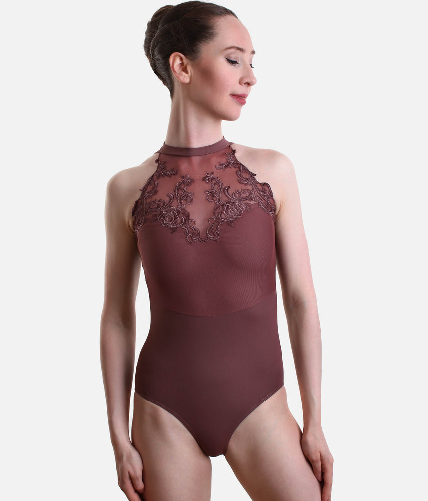 High Neck Leotard, Romantic Embroidered Rose Design - BOUVIER