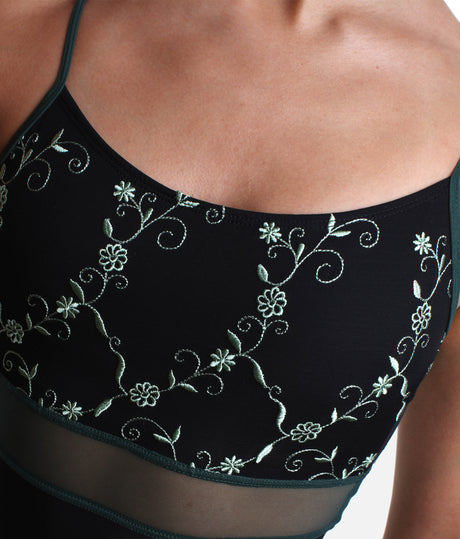 Elegant Black Camisole Dance Leotard with Sheer Detail - BRIGID DI NERO