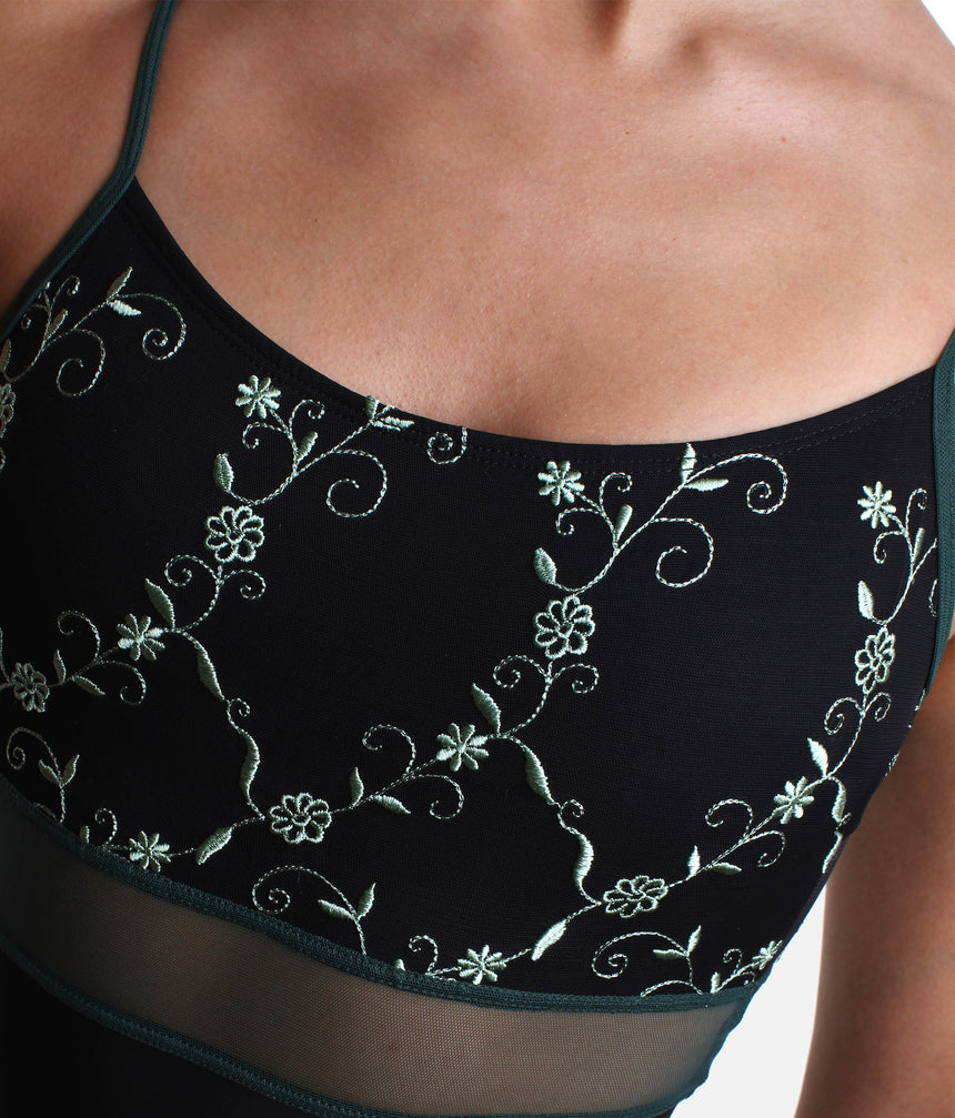 Elegant Black Camisole Dance Leotard with Sheer Detail - BRIGID DI NERO