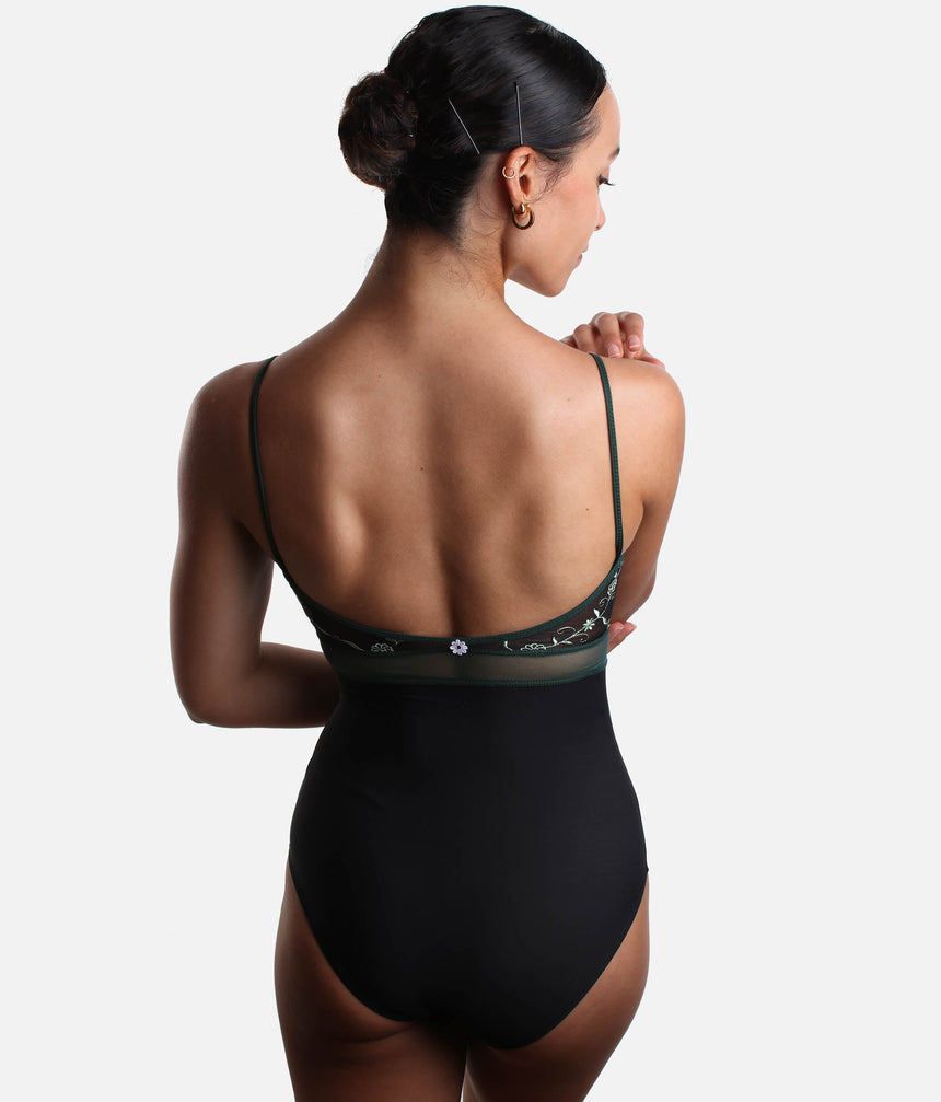 Elegant Black Camisole Dance Leotard with Sheer Detail - BRIGID DI NERO