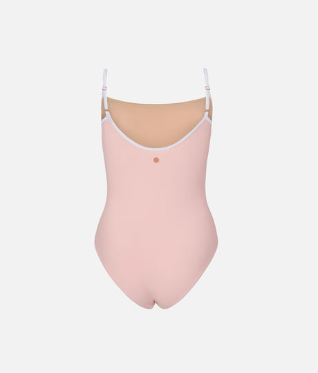 Rear view of Mara Dancewear Cala Ballet Pink leotard, with adjustable straps and front lining visible through the scoop back.