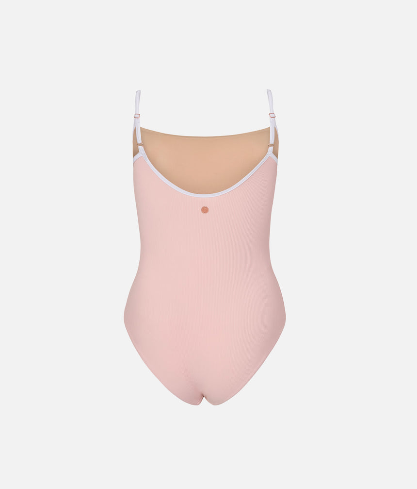 Rear view of Mara Dancewear Cala Ballet Pink leotard, with adjustable straps and front lining visible through the scoop back.
