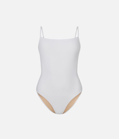 Front of Mara Dancewear Cala White ballet leotard, with matching camisole straps, fine ribbing and a high-cut leg.