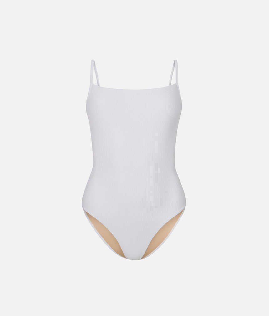Front of Mara Dancewear Cala White ballet leotard, with matching camisole straps, fine ribbing and a high-cut leg.