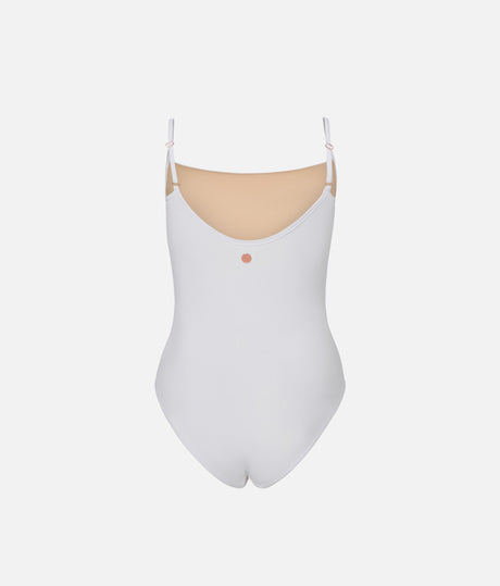 Back of Mara Dancewear Cala White leotard, showing adjustable straps and front lining visible through the scoop back.