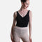 Front detail of Capezio Anderson CK11014W warm-up shorts in Pink, showing the folded ribbed waistband, open pointelle knit and ribbed hems.