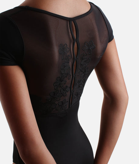 Girls Mei Cap Sleeve Leotard, Sweetheart Neck & Floral Mesh Back - CL20003