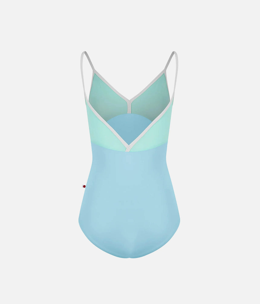 YUMIKO Daria Pool leotard, front product view with Frozen aqua upper panels, tailored underbust seams and White camisole straps.
