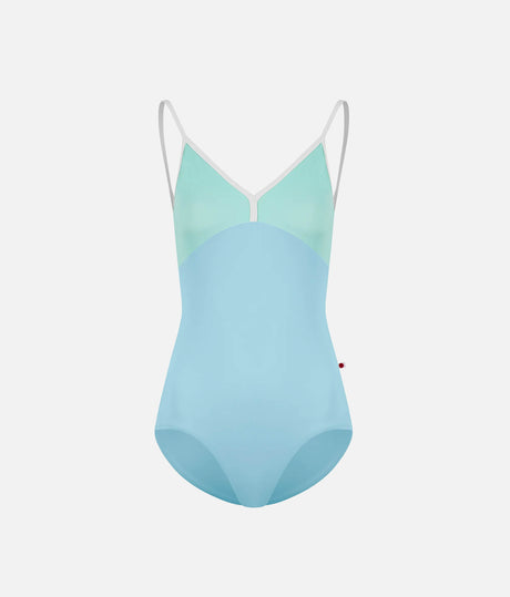 YUMIKO Daria Pool leotard, back product view showing the deep V opening, Frozen upper panels and White trim.