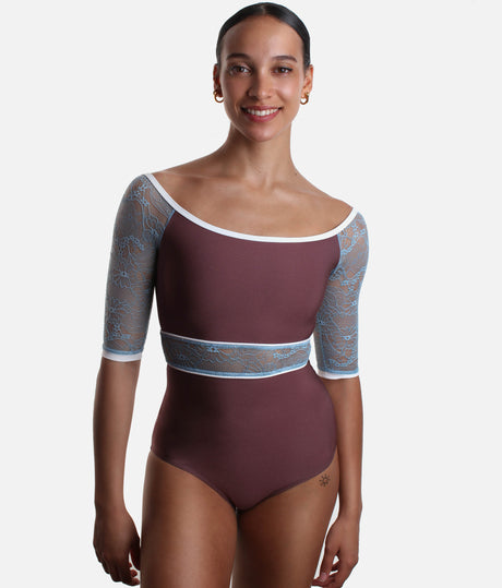 Boat Neck Ballet Leotard with Romantic Blue Lace - AFRODITE DI SUPERNATURAL