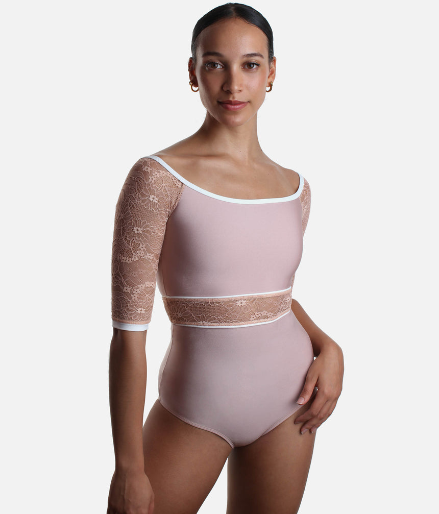 Boat Neckline Ballet Leotard with Lace Sleeves & Waist Detail - AFRODITE DI ROSE