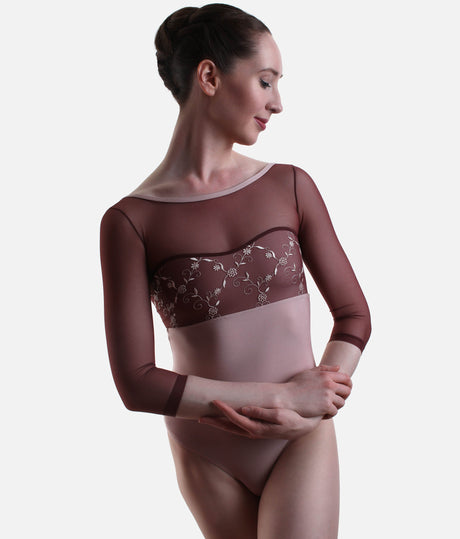 Low Back Leotard, Elegant Neckline & Floral Tulle - DIANA CL