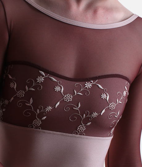 Low Back Leotard, Elegant Neckline & Floral Tulle - DIANA CL