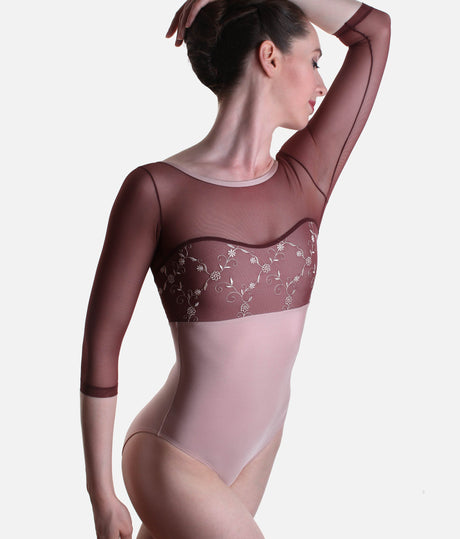 Low Back Leotard, Elegant Neckline & Floral Tulle - DIANA CL