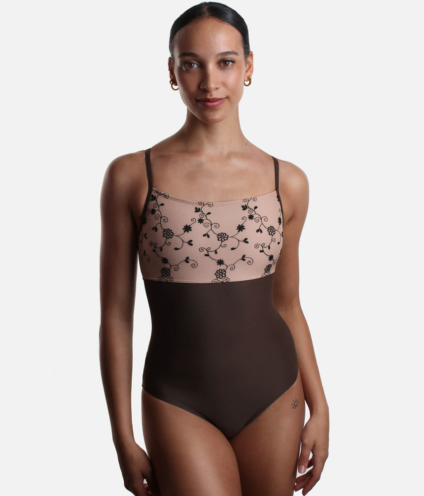 Thin Straps Dance Leotard with Floral Embroidery - GAIA DI ARABICA