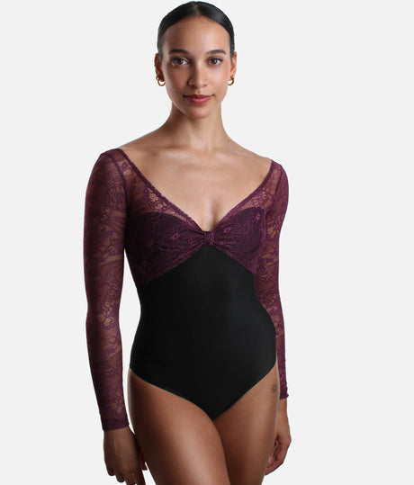 Professional Ballet Leotard with Long Lace Sleeves, Low Back - VENERE DI NERO