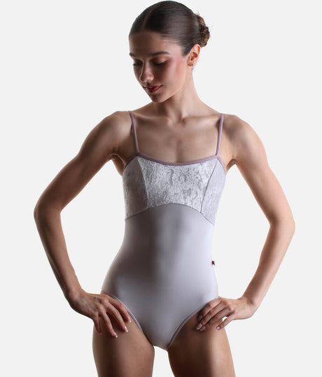 Denise Ballet Leotard • Silver Nylon with Crushed Velvet Bodice